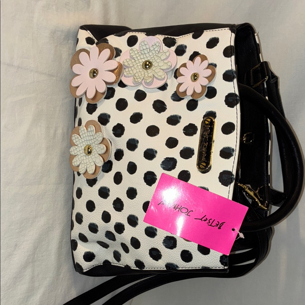 Betsey Johnson Black and White Polka Dot Floral Shoulder Bag